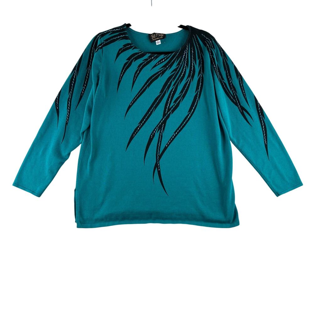 Bob Mackie Teal Sweater with Black Feathered Detail